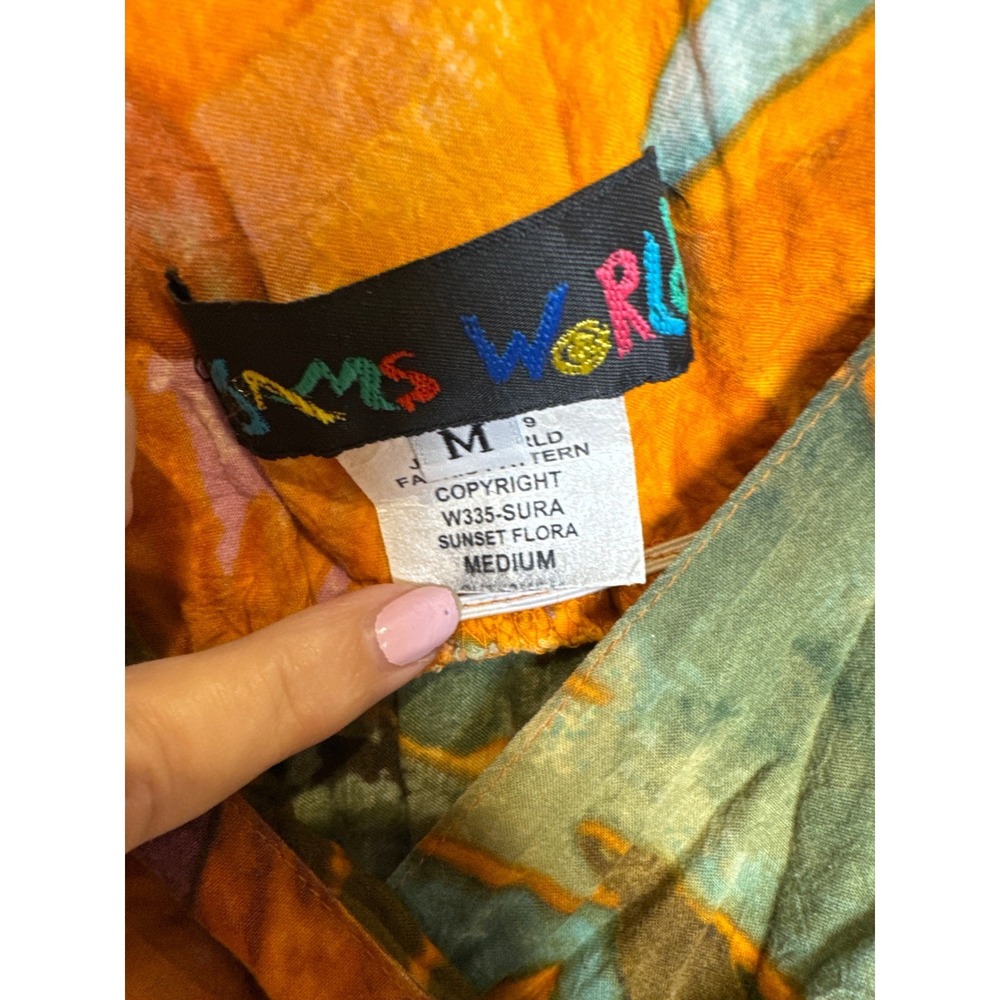 Jams World Sunset Flora Rayon V-Neck Empire Waist Dress Orange Green Floral Med - Picture 4 of 6